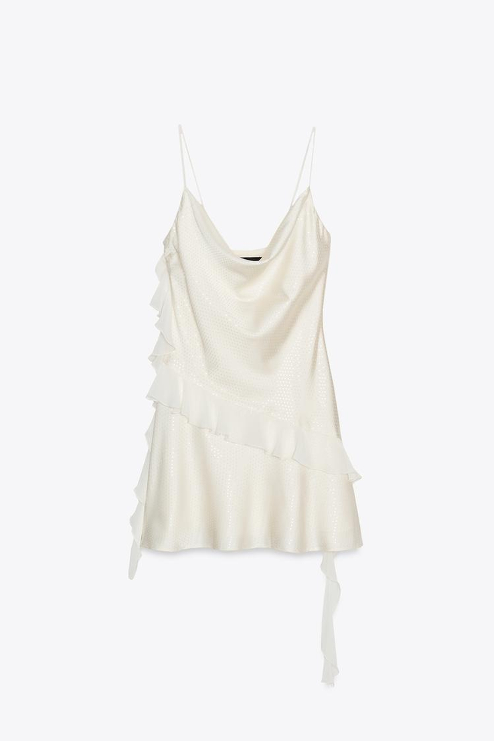 ZARA КОРОТКОЕ ПЛАТЬЕ С БЛЕСТКАМИ И ВОЛАНАМИ, ЭКРЮ