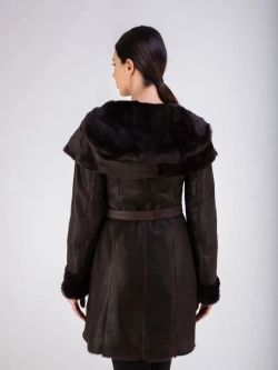 Дубленка женская натуральная длинная с капюшоном Турция