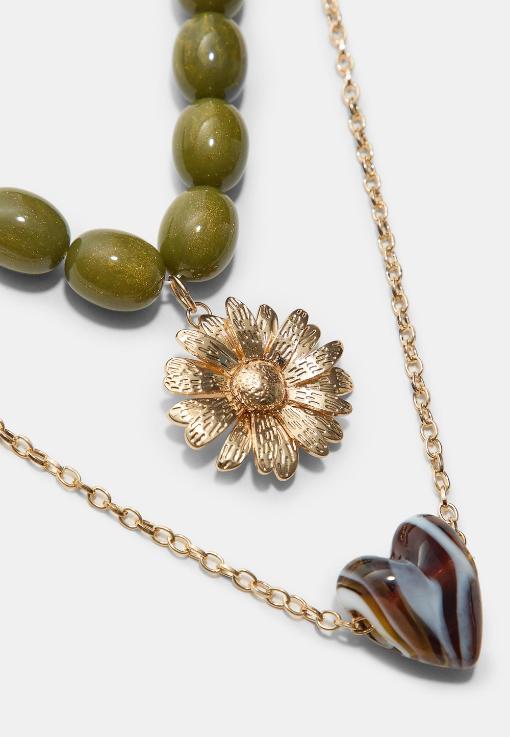 STRADIVARIUS Набор из 2 ожерелий с бусинами, солнцем и сердцем, зеленый