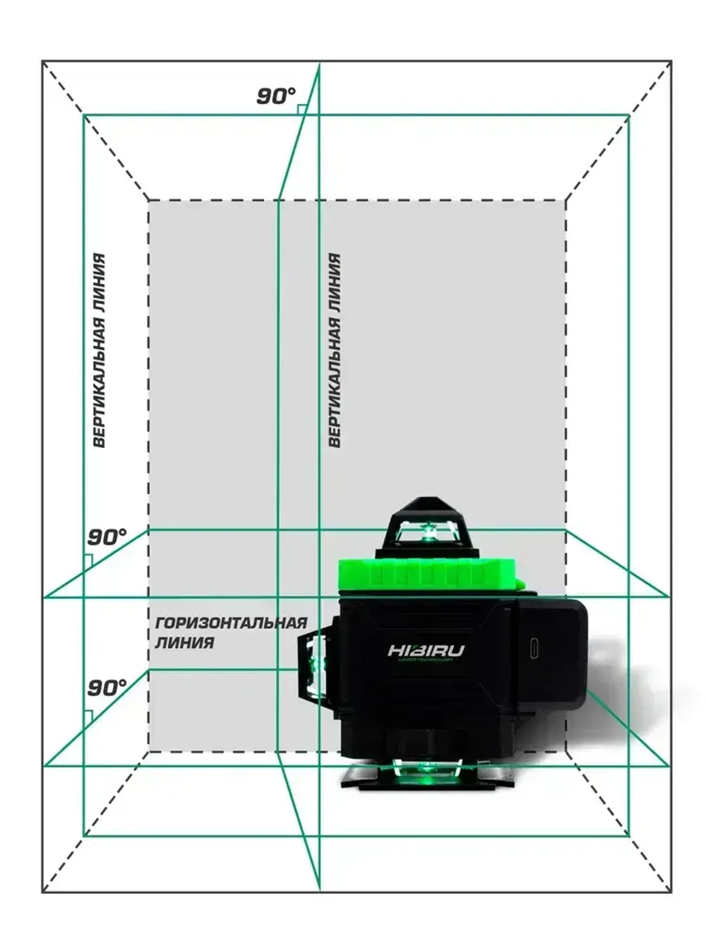 HIBIRU / Профессиональный лазерный уровень нивелир 4D зеленый луч Q-Basic дальность 30м, 16 лучей 360 градусов, самовыравнивание, 2 АКБ кейс, пульт, магнитное крепление, откалиброван, гарантия