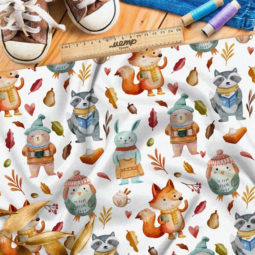 Ткань оксфорд 600 тепло одетые осенью животные в лесу