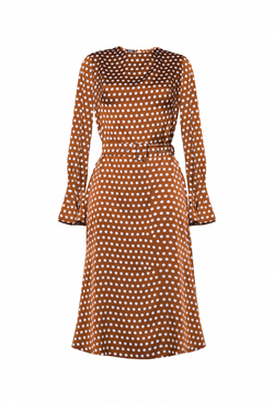 Платье шёлковое, юбка-годе коричневое в белый горошек 04-01-22 SS