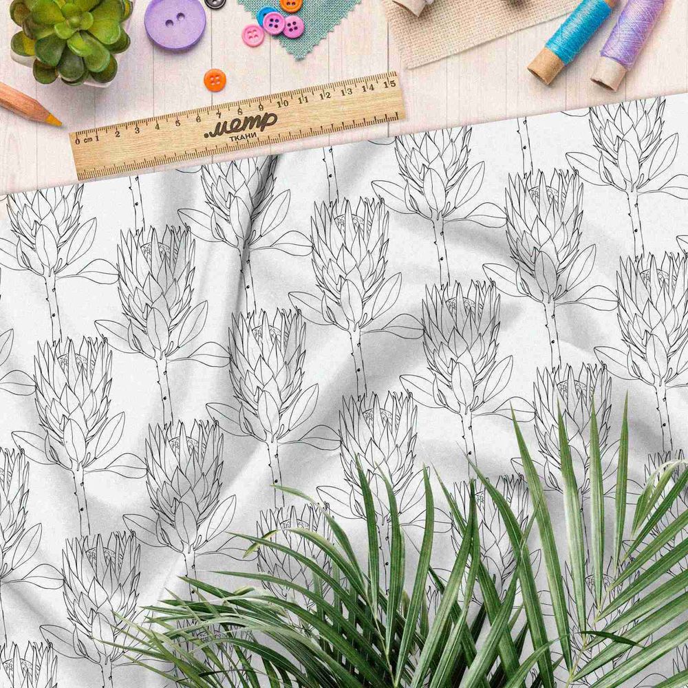 Ткань сатин тонкие цветочные силуэты