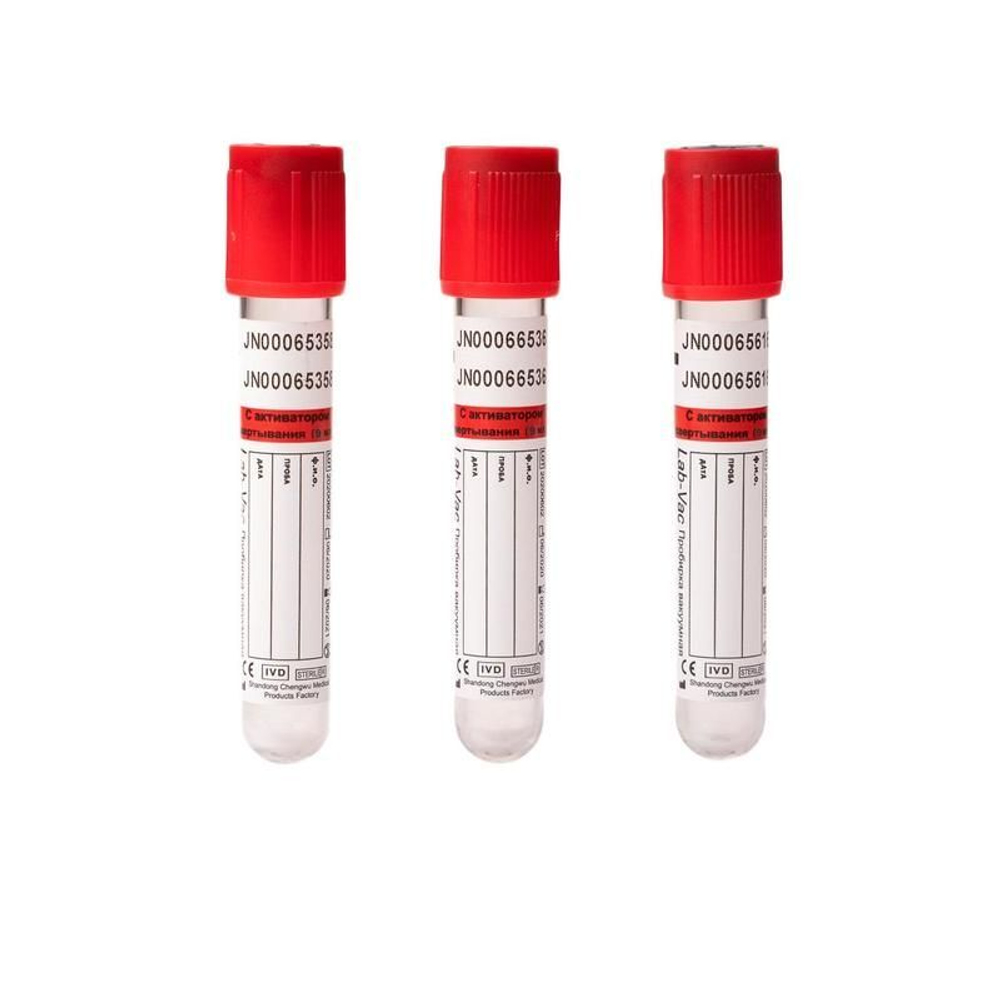 Пробирка вакуумная 9 мл, с активатором свертывания 16x100 мм, красная, 100 шт