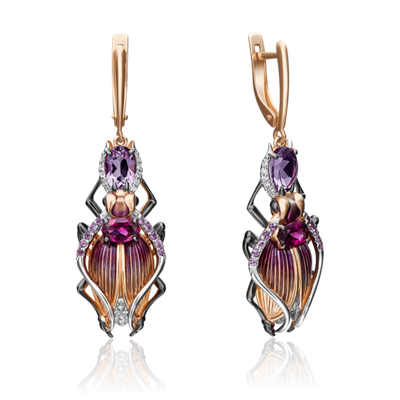 Серьги «Жуки-скарабеи» с английским замком из красного золота с миксом камней и эмалью