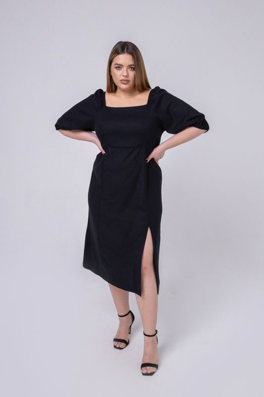Платье льняное миди с вырезом каре, черный