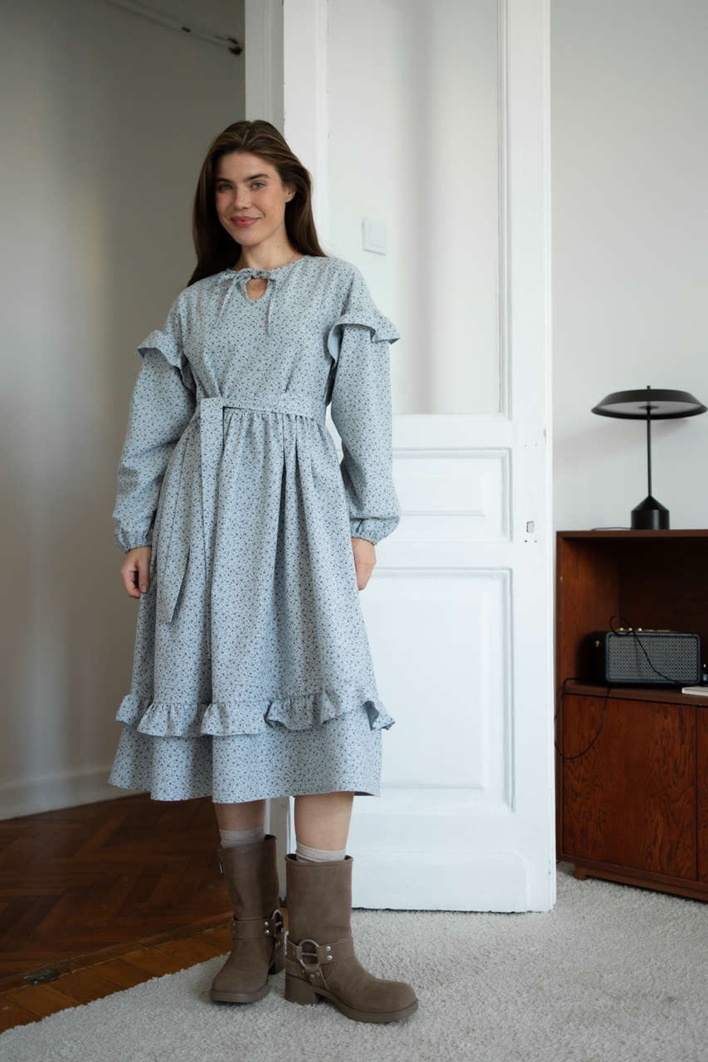 Платье Ася из фланели для беременных и кормящих мам, Серо-голубой с кофейными цветами