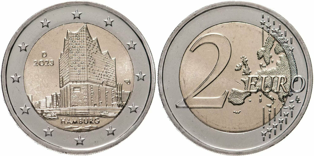 Германия 2 евро, 2023 Гамбург, Эльбская филармония