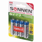 Батарейки комплект 4 шт. SONNEN Super Alkaline АА (LR6 15А) алкалиновые пальчиковые блистер (12 штук в упаковке)