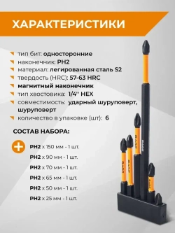 Набор бит торсионных IMPACT S2 PH2 х 25 мм 50 мм 65 мм 70 мм 90 мм 150 мм 6 шт RAGE