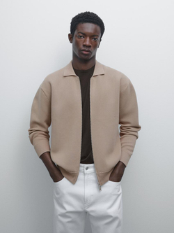 Massimo Dutti Кардиган из смесового хлопка с застежкой-молнией, норка