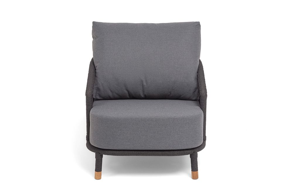 "Верона" кресло плетеное из роупа, каркас алюминий темно-серый (RAL7024) муар, роуп темно-серый круглый, ткань темно-серая 027 высота посадки 43,5 см