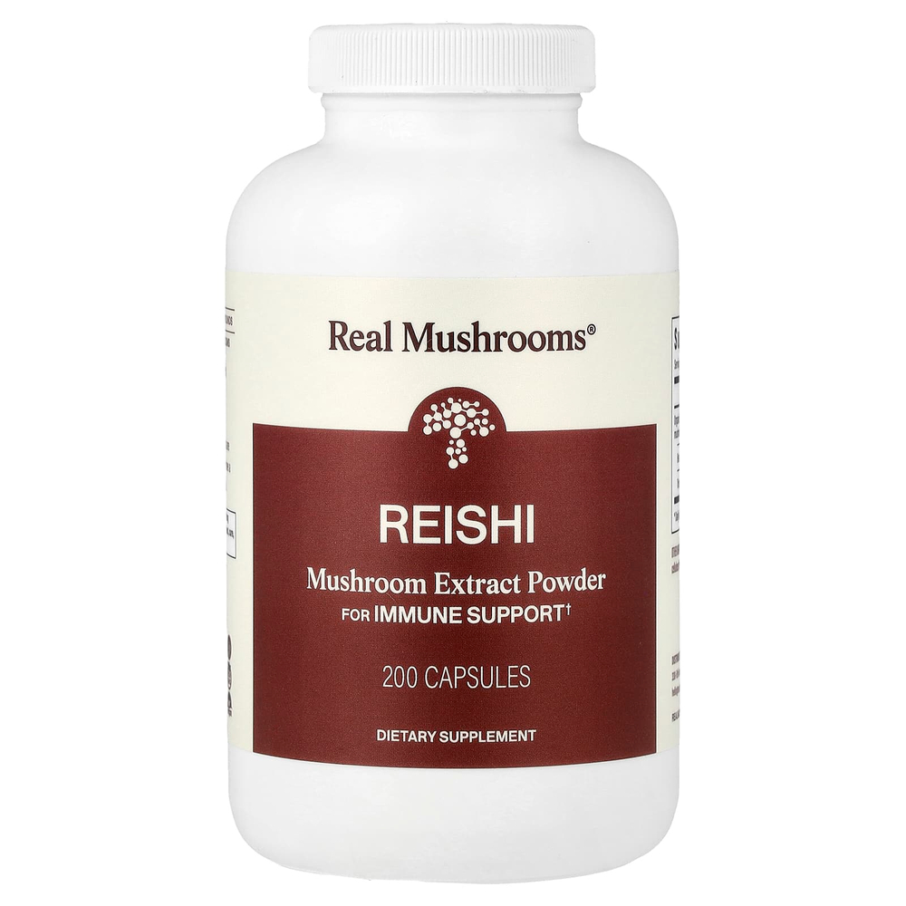 Real Mushrooms, Рейши, экстракт грибов в порошке, 200 капсул