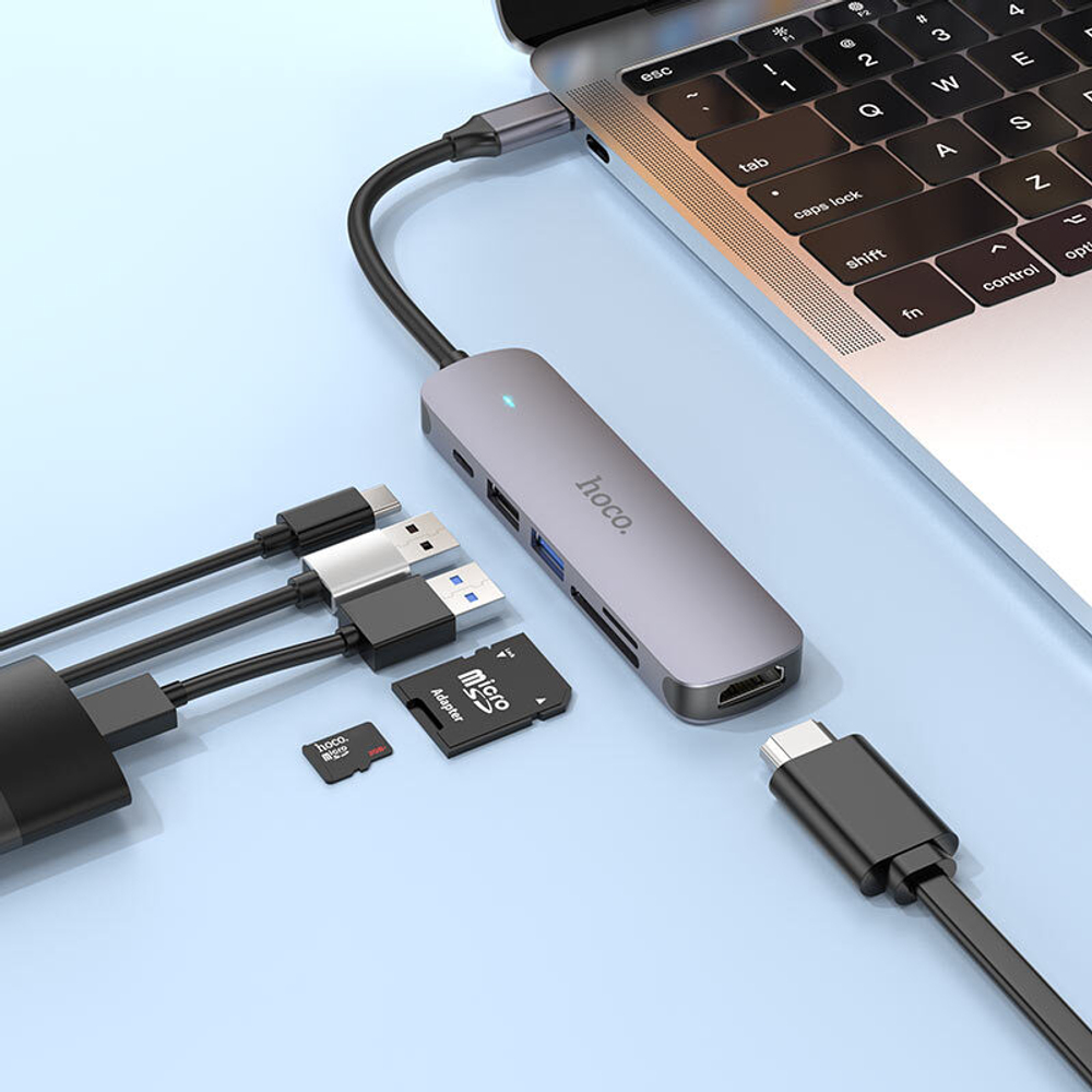 Hoco HB28 Adapter HUB USB-C 6-in-1 (1*USB 3.0, 1*USB 2.0, HDMI, SD, TF, PD) - HDMI 4K Адаптер