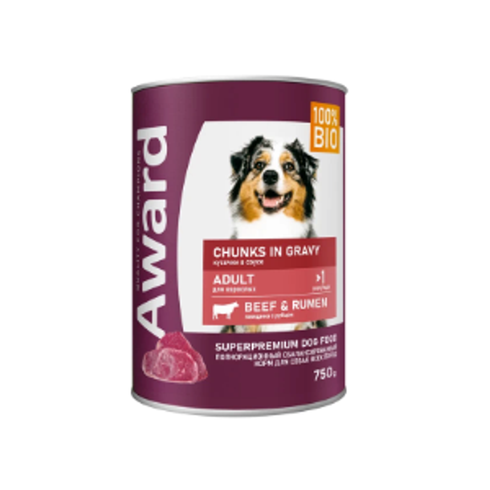 Влажный корм AWARD для взрослых собак кусочки с говядиной и рубцом в соусе 750г - 12 шт