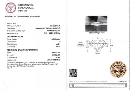 Лабораторно-выращенный бриллиант Кр-57 5.25-5.29 мм D/VVS1 0.53 ct