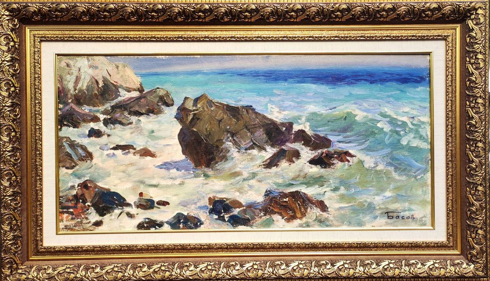 Картина Я. Басова "Море со скалами" холст/масло 40х80