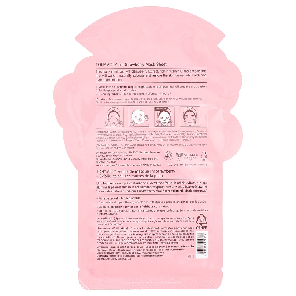 TonyMoly, I'm Strawberry, тканевая маска для выравнивания тона кожи, 1 шт., 21 г (0,74 унции)
