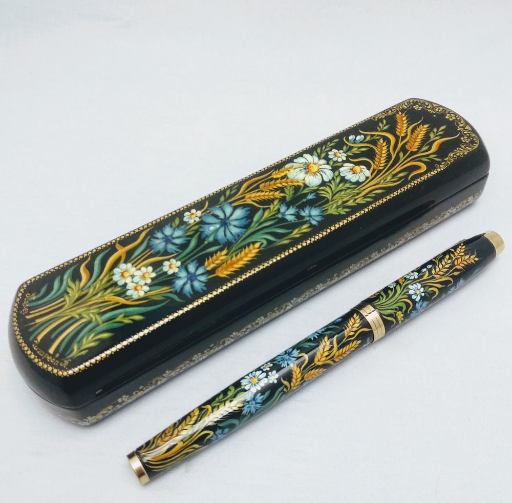 Ручка с росписью Палех в шкатулке "Пшеница с васильками"
