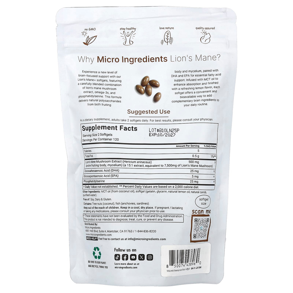Micro Ingredients, ежовик гребенчатый с омега-3 (ДГК и ЭПК) фосфатидилсерином, лимон, 240 капсул