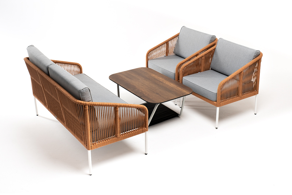 "Канны" лаунж-зона 4-местная из роупа со столом "Глория" цвет "дуб", каркас алюминиевый белый, роуп оранжевый меланж