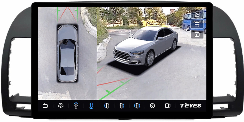 Магнитола Toyota Camry 30 2001-2006 (рамка черная) - Teyes CC3-2K-360 монитор 13" 2K QLED на Android 10, 6Гб+128Гб, CarPlay, 4G SIM-слот, 4 камеры в комплекте