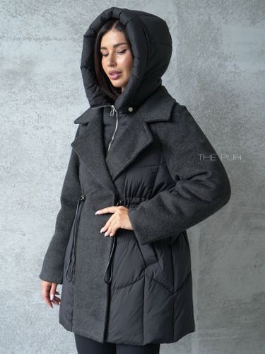 Черный комбинированный пуховик-пальто на кулиске