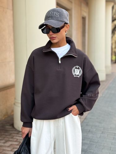 Шоколадный хлопковый свитшот с воротом на молнии