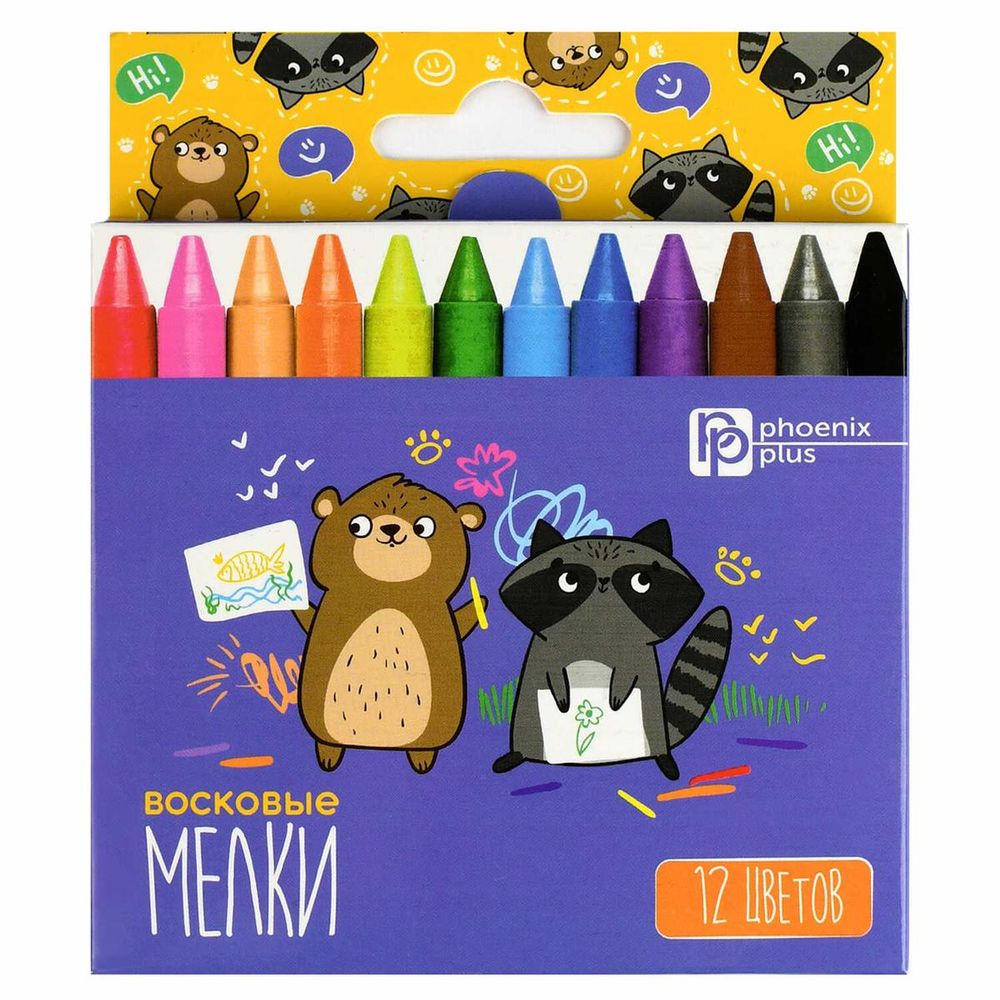 Мелки восковые 12цв. "Мишка и енот" форма круглая, коробка с европодвесом (Феникс+)