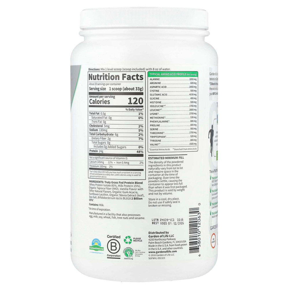 Garden of Life, Sport, сертифицированная сыворотка травяного откорма, ваниль, 660 г (1 фунт)
