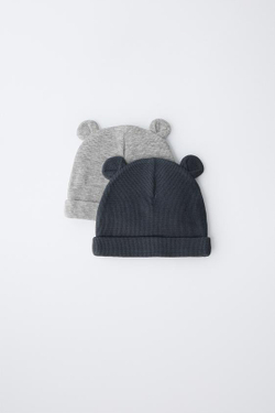 ZARA НАБОР ИЗ ДВУХ ШАПОК WAFFLE С УШКАМИ, СЕРЫЙ/СИНИЙ