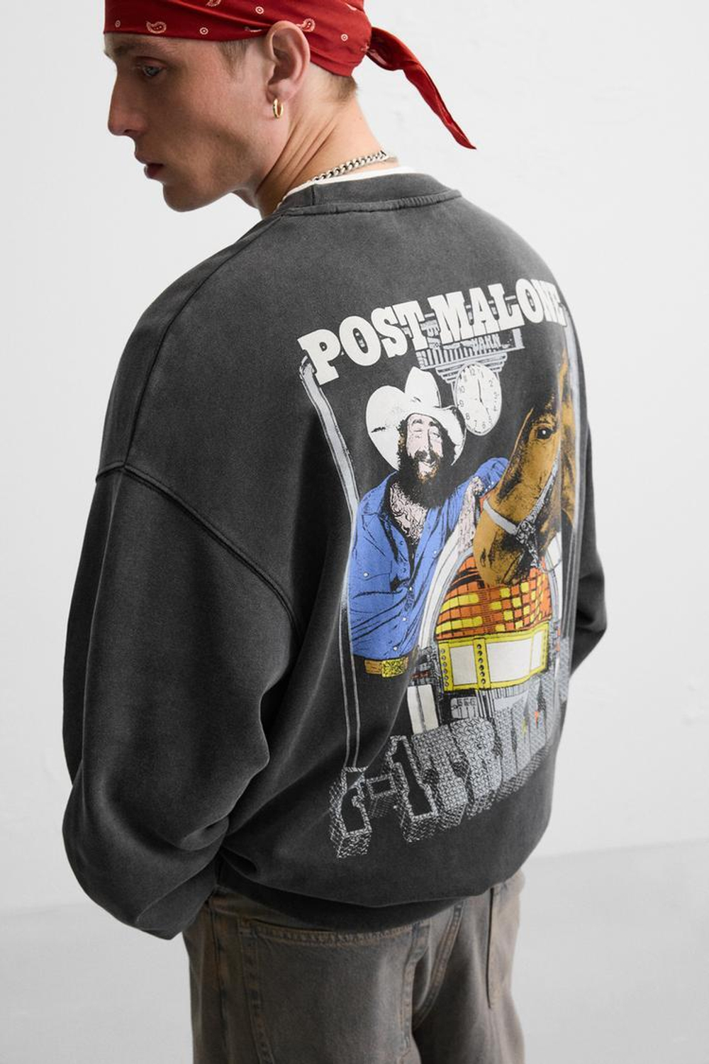 ZARA ТОЛСТОВКА С КРУГЛЫМ ВЫРЕЗОМ С ПРИНТОМ POST MALONE™, ТЕМНЫЙ АНТРАЦИТ