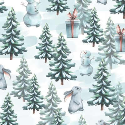 Зимний лес с елочками, зайчиками, снегом на белом