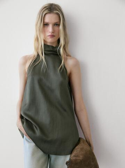 Massimo Dutti Атласный топ с горловиной халтер и завязками, сине-зеленый