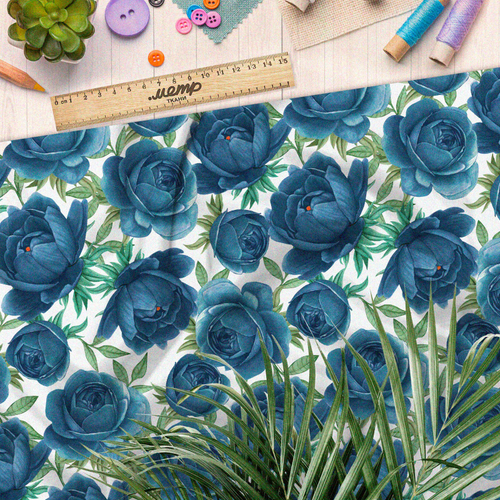 Ткань шелк Армани тёмно-голубые розы на белом фоне