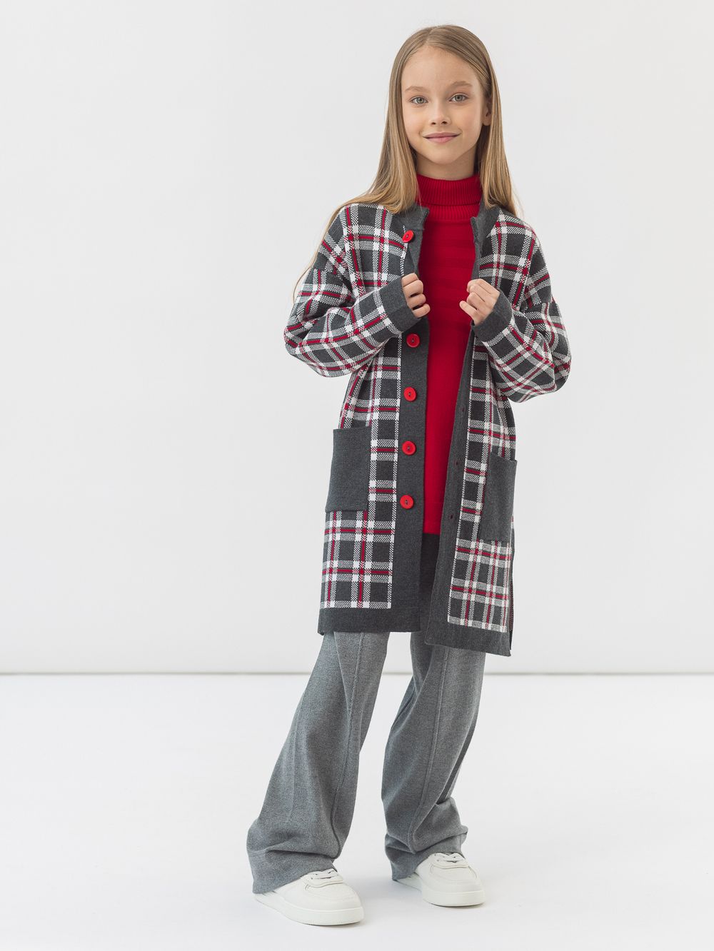 Кардиган серо-бело-красный для девочки арт. АТ922