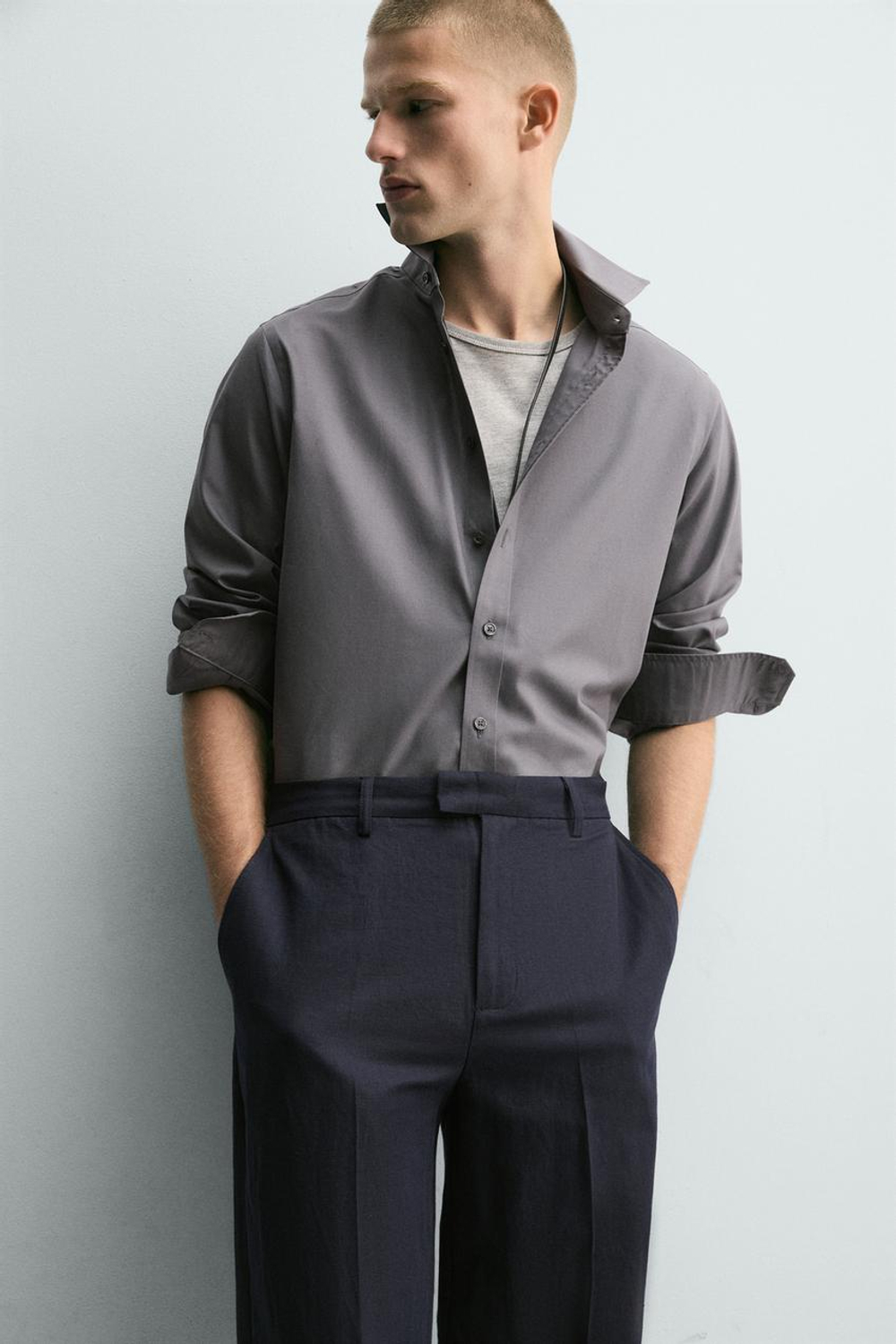 ZARA БРЮКИ RELAXED FIT ИЗ ХЛОПКА И ЛЬНА, МОРСКОЙ СИНИЙ