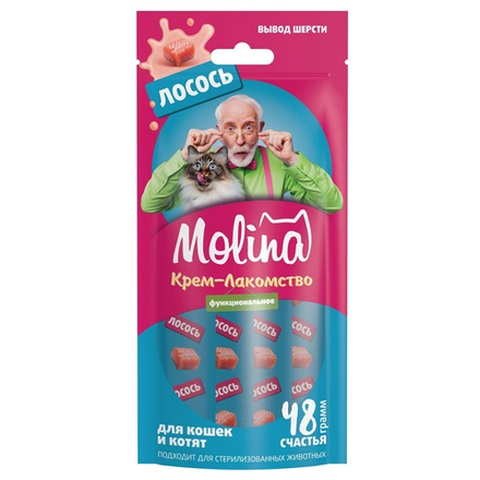 Лакомство для кошек Molina 48г Крем-пюре с лососем для взрослых кошек. Вывод комков шерсти из желудка