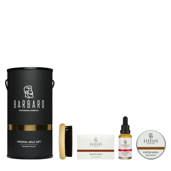 Набор для роста бороды BARBARO (Подарочный брендированный тубус BARBARO, Мыло для лица и бороды Barbaro “Eastern sandal”, Щетка для бороды BARBARO, Масло для роста бороды BARBARO Chili pepper,Крем-бальзам для бороды и кожи лица BARBARO )