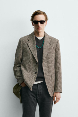 ZARA X AARON LEVINE БЛЕЙЗЕР ИЗ СМЕСОВОЙ ШЕРСТИ И ХЛОПКА, КОРИЧНЕВЫЙ