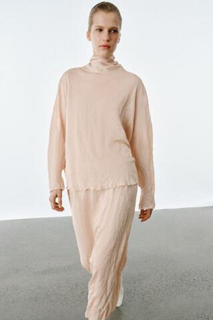 ZARA ЮБКА МИДИ ИЗ ЖАТОГО ТРИКОТАЖА, ТЕЛЕСНО-РОЗОВЫЙ