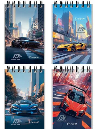 Блокнот А7 40л. клетка "Городские спорткары" на гребне, мелов.облистер (Проф-Пресс)