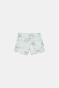ZARA ДЖИНСОВЫЕ ШОРТЫ С ВЫСОКОЙ ПОСАДКОЙ, РАЗРЕЗАМИ И БЛЕСКОМ, ГОЛУБОЙ