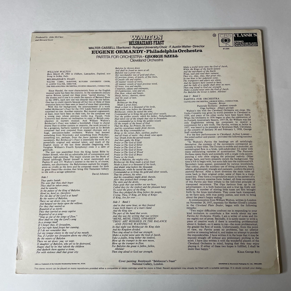 Винтажная виниловая пластинка LP Walton Eugene Ormandy Юджин Орманди, George Szell, Belshazzar's Feast / Partita For Orchestra (Англия 1969)