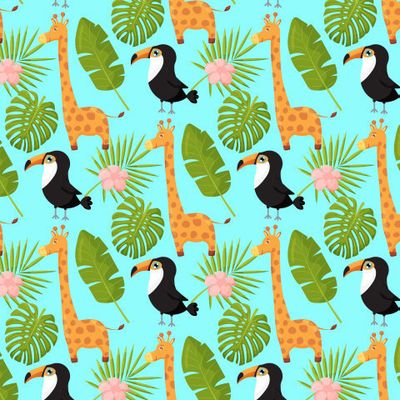 Жирафы, туканы и пальмовые листья. Животные джунглей с принтом тропических растений. Модный дизайн сафари для текстиля