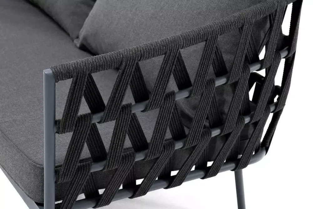 "Диего" диван 2-местный плетеный из роупа, каркас алюминий темно-серый (RAL7024) муар, роуп темно-серый круглый, ткань темно-серая 027