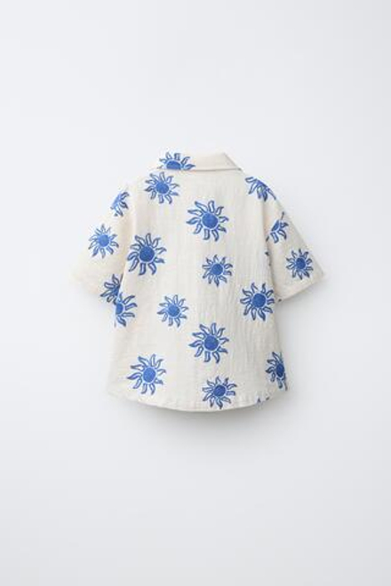ZARA РУБАШКА С ПРИНТОМ «СОЛНЦЕ», ЭКРЮ/СИНИЙ