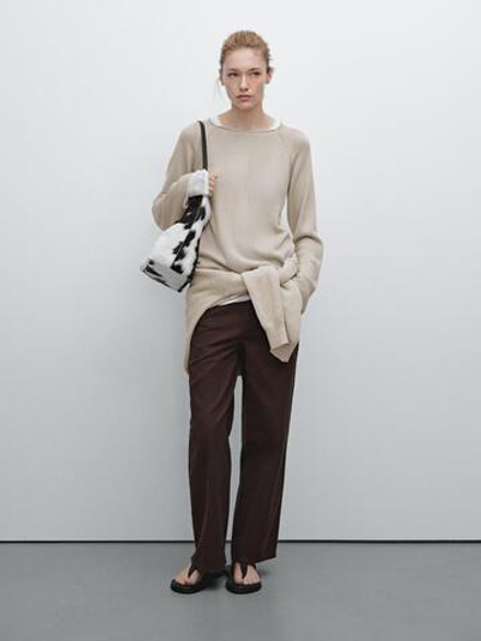 Massimo Dutti Ажурный свитер платочной вязки, песочный