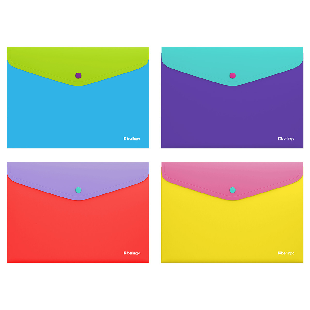 Папка-конверт на кнопке Berlingo "Raze" А4, 200мкм, софт-тач, с цветным клапаном, ассорти EFb_A4155