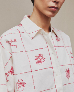 ZARA HOME ПИЖАМНАЯ РУБАШКА С ВЫШИВКОЙ, ЖЕЛТОВАТО-БЕЛЫЙ